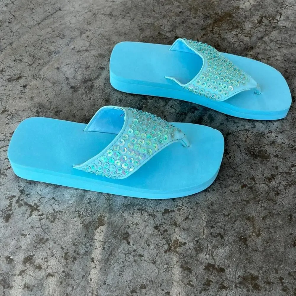 Vintage Y2K Aqua Blue Sequin Platform Flip Flops Sandals Women's 6 Disco 2000s
